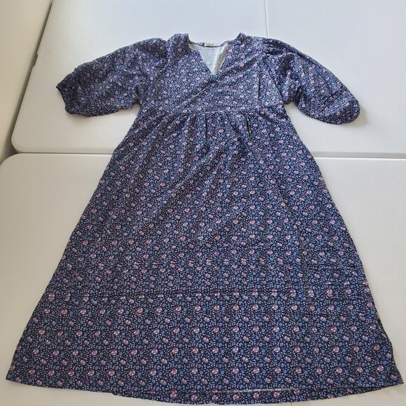 Marine Layer Dress Womens Small Navy Floral Midi V-Neck Puff Sleeve Tiered 16146 - Picture 1 of 10